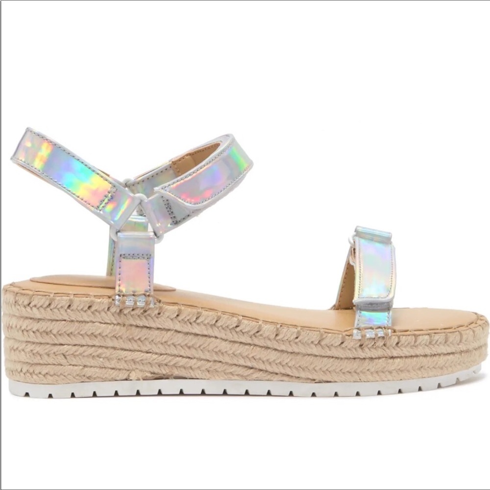 Nine West Silver Metallic Espadrilles Heel Ankle Strap Sandals